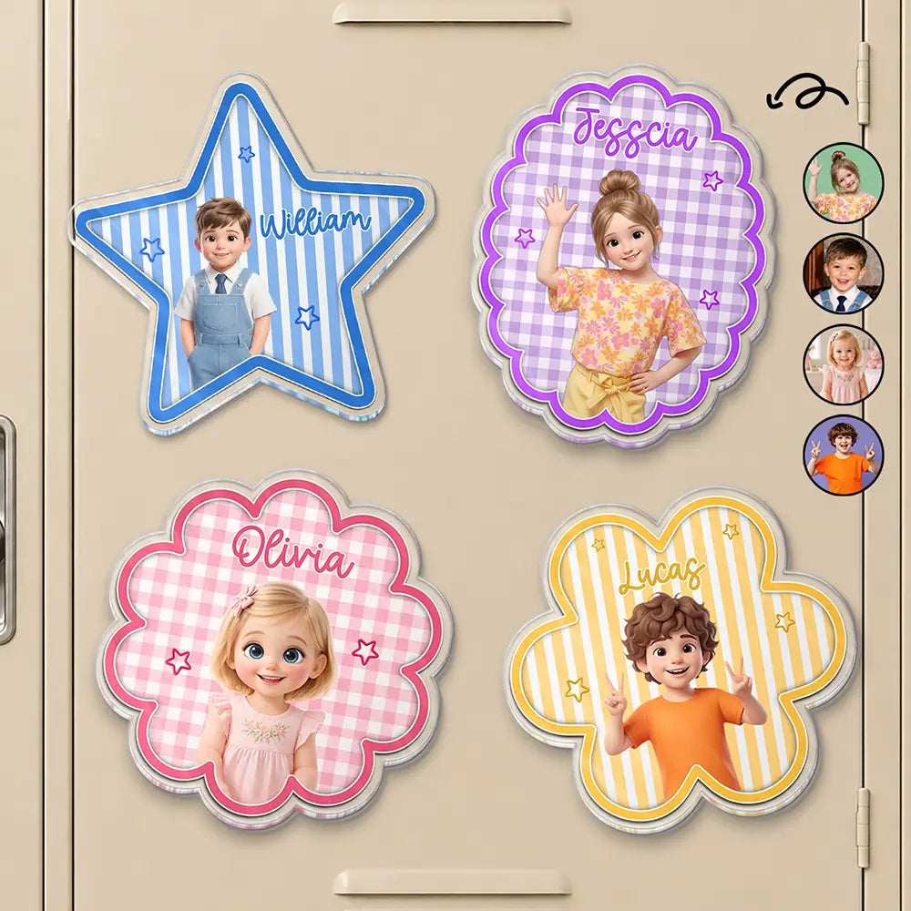 Custom Photo Cartoon Portrait Kid With Star Flower Shape And Name - Personalized Acrylic Magnet