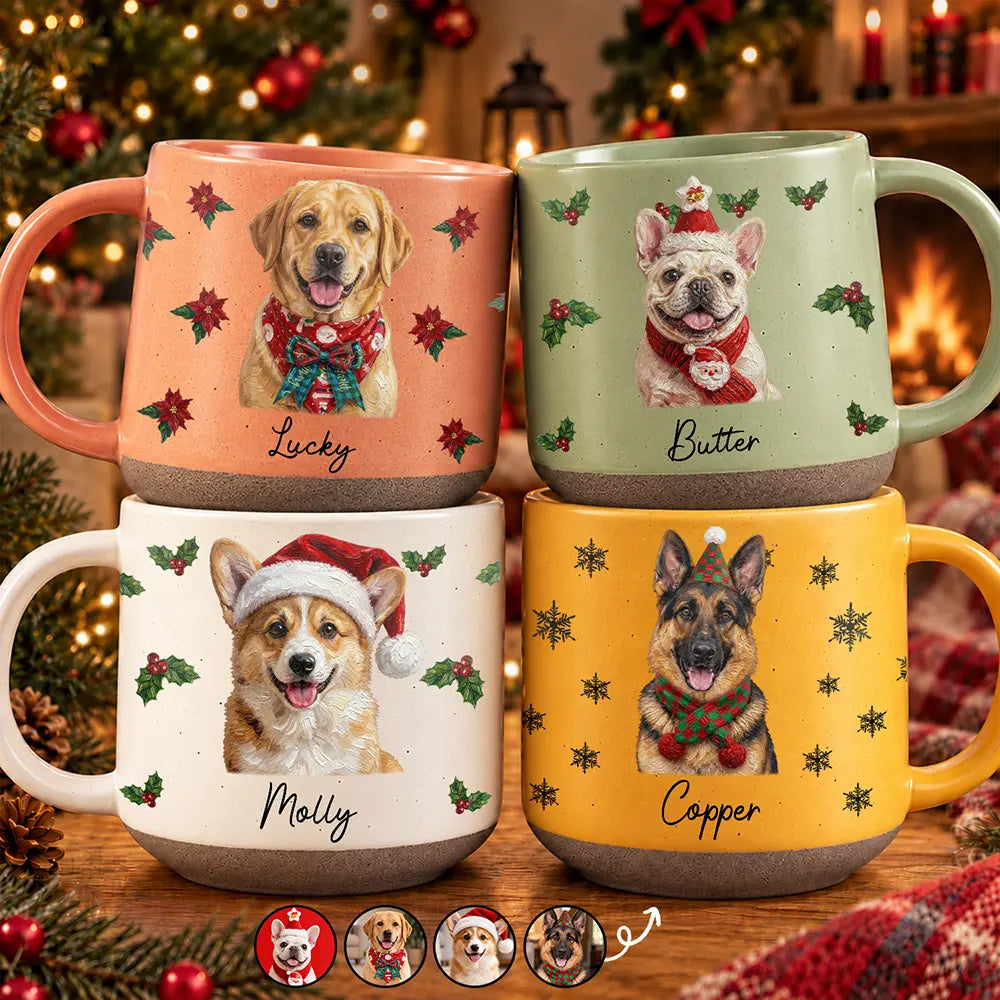 Christmas Gift For Dog Lovers - Personalized Custom Photo & Name Pet Dog Portrait With Holly Snowflake Poinsettia Pottery Mug
