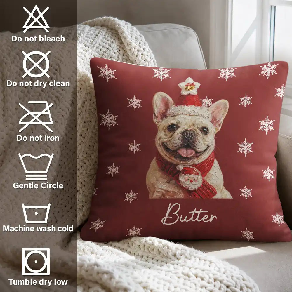 Art Design,Christmas,Custom Photo,Dog Lovers,Pet Lovers,Photo - Oil Painting,Playful - Christmas Gift For Dog Lovers - Personalized Custom Photo & Name Pet Dog Portrait With Holly Snowflake Poinsettia Pillow