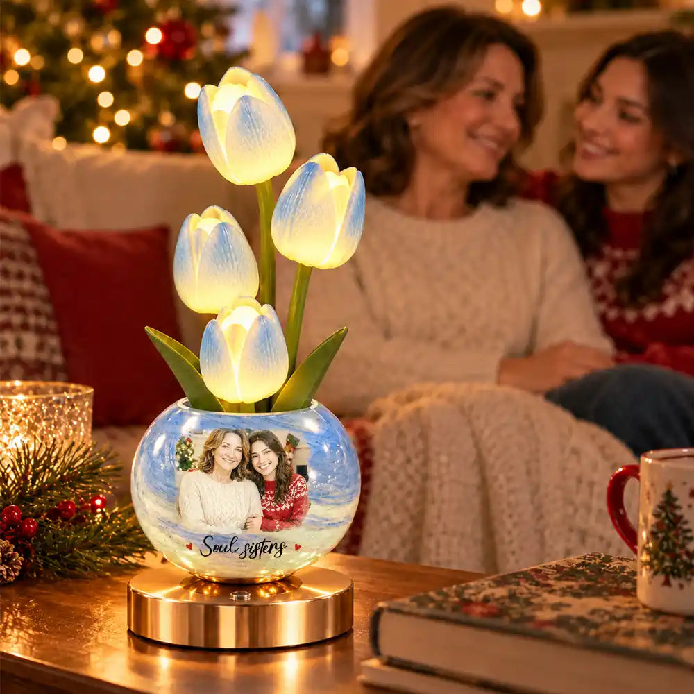 Afro Besties,Art Design,Christmas,Custom Photo,Gift For Bestie,Indoor Decor,Photo - Watercolor - With BG,Sentimental - Home Decor Christmas Gift For Best Friend, Bestie, BFF - Personalized Custom Photo Watercolor Friendship Message Tulip LED Night Light