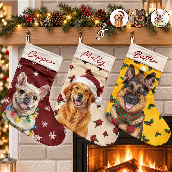 Art Design, Christmas, Custom Photo, Dog Lovers, Pet Lovers, Photo - Oil Painting, Playful - Christmas Gift For Dog Lovers - Personalized Custom Photo & Name Pet Dog Portrait With Holly Snowflake Poinsettia Christmas Stocking