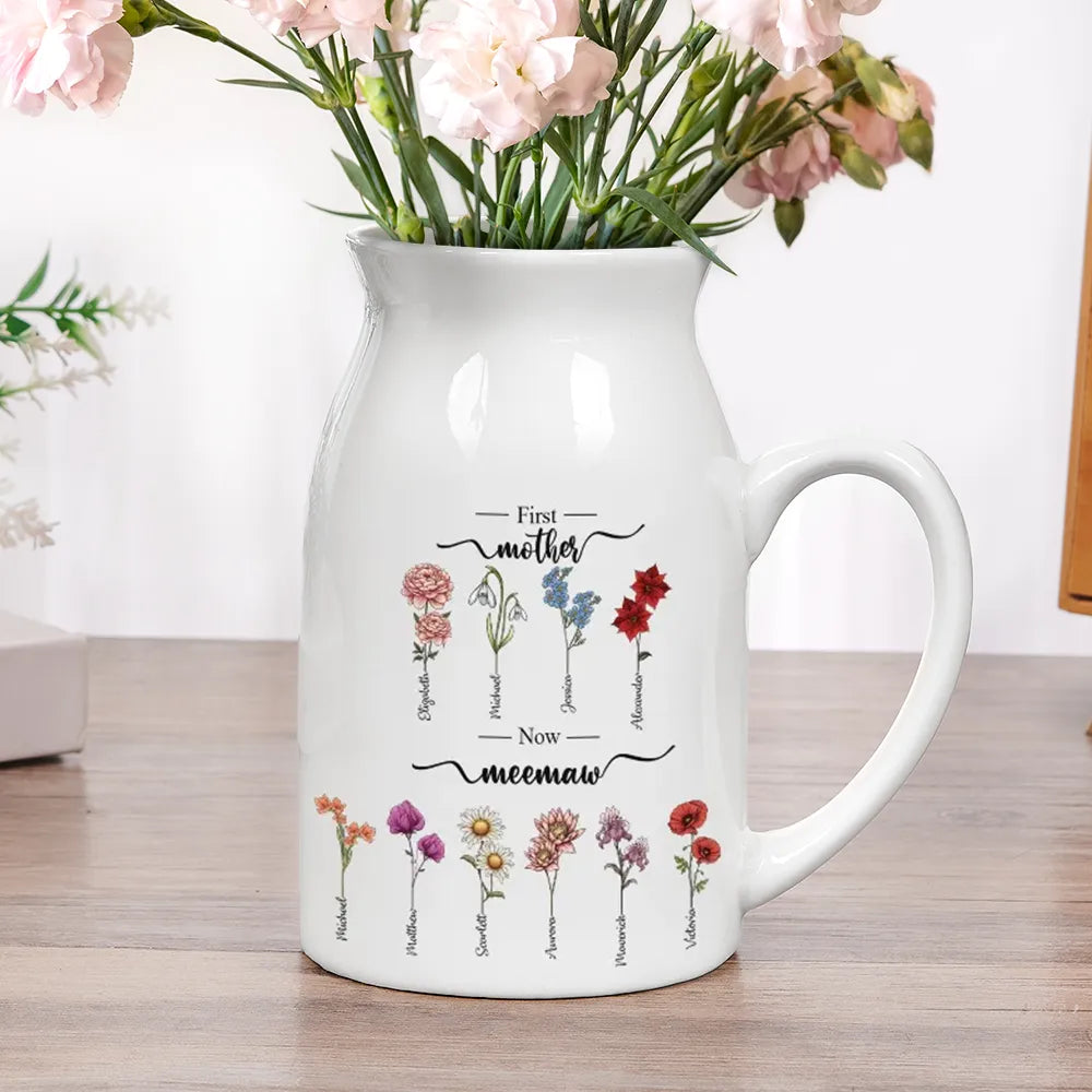 Gift For Grandma, Gift For Mother - First Mom Now Grandma Birth Flowers - Personalized Ceramic Flower Vase