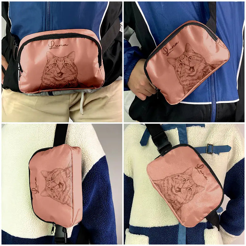 Custom Photo,Beach,Art Design,Summer,Pet Lovers,Playful,Photo - Pencil Sketch - Remove BG - Custom Photo Pencil Sketch Besties Dog Cat Funny Portrait - Personalized Crossbody Belt Bag