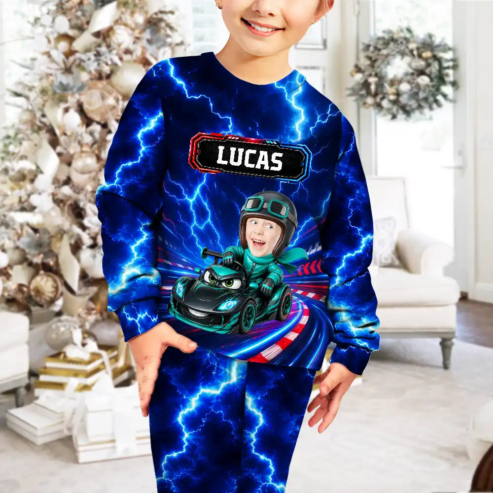 Car,Christmas,Custom Photo,Cut-Face Photo,Gift For Kids,Playful,Top Market,Truck - Gift For Kids Boys - Personalized Custom Photo Photo & Name Race Car Driver With Lightning Kid Pajamas Set