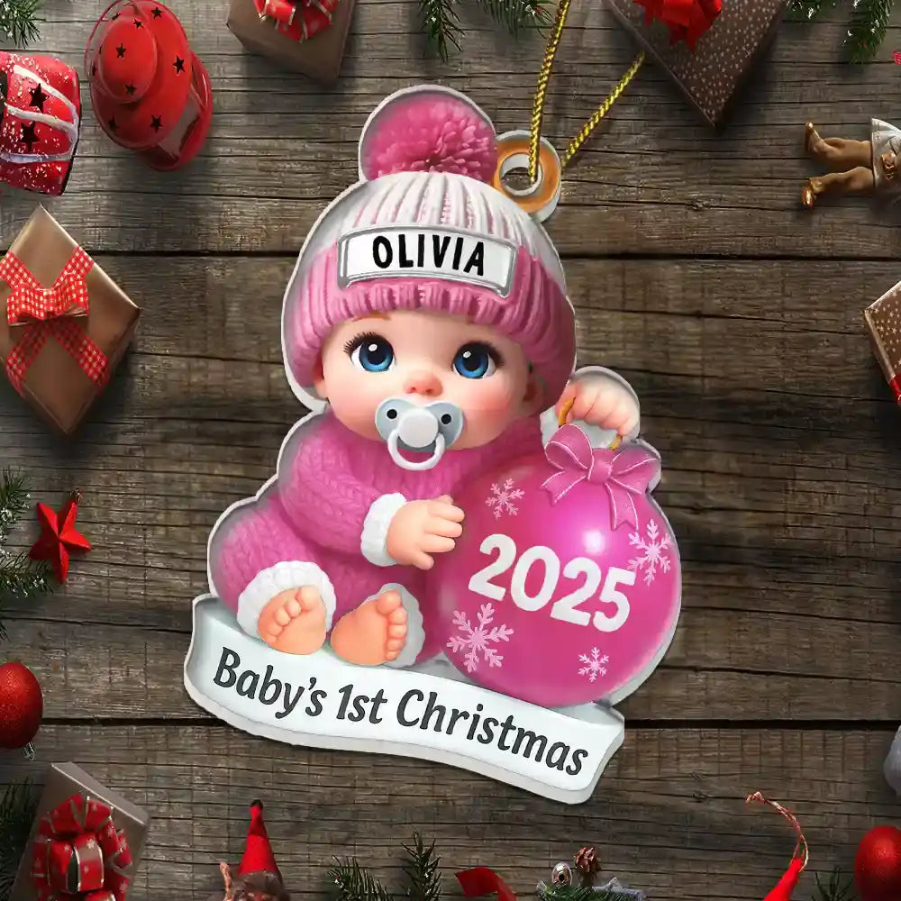 Christmas,New Dad,New baby,New Mom,Happy - Baby Beside Christmas Bauble First Christmas 3D Effect - Personalized Custom Shaped Acrylic Ornament 