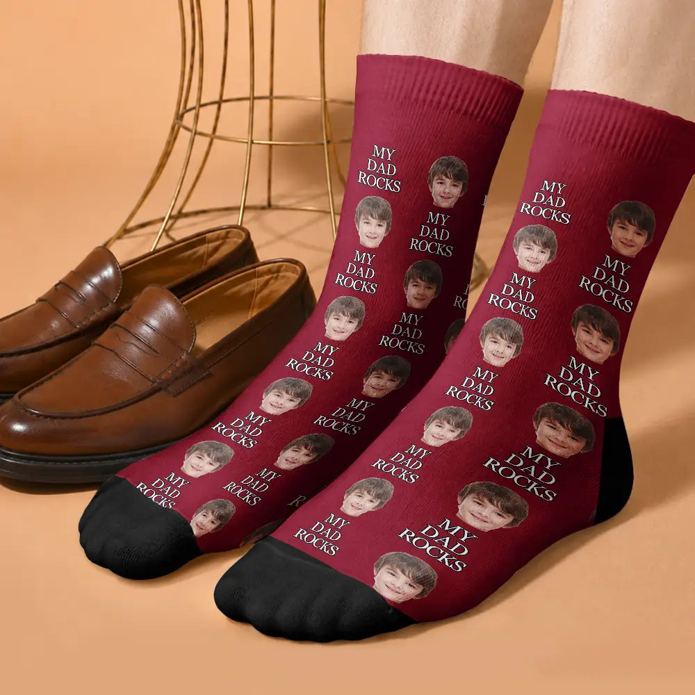 Gift For Father,Custom Photo,Adorable,Cut-Face Photo - Custom Photo I Love Dad Best Dad Ever - Personalized Crew Socks