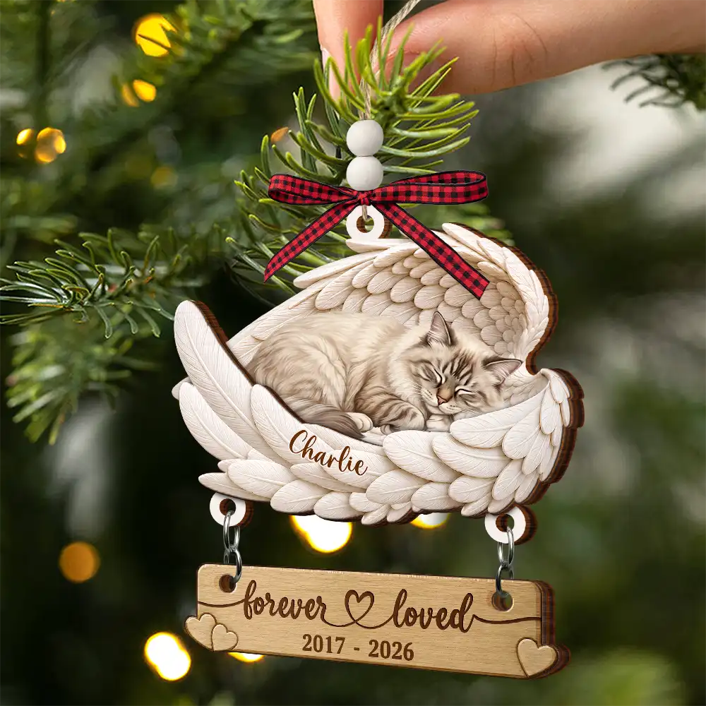 Art Design,Christmas,Pet Memorial,Cozy,Pet Lovers,Memorial,Photo - Sleeping Dog Cat Baby - Custom Photo Sleeping Angel Forever Loved Memorial Dog Cat - Personalized Wooden Ornament With Tag