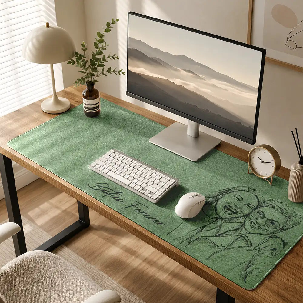 Gift For Bestie,Old Best friends,Non-Eng,Photo - Pencil Sketch,Sentimental - Custom Photo Pencil Sketch A True Friendship Is A Journey Without An End - Personalized Leather Desk Mat