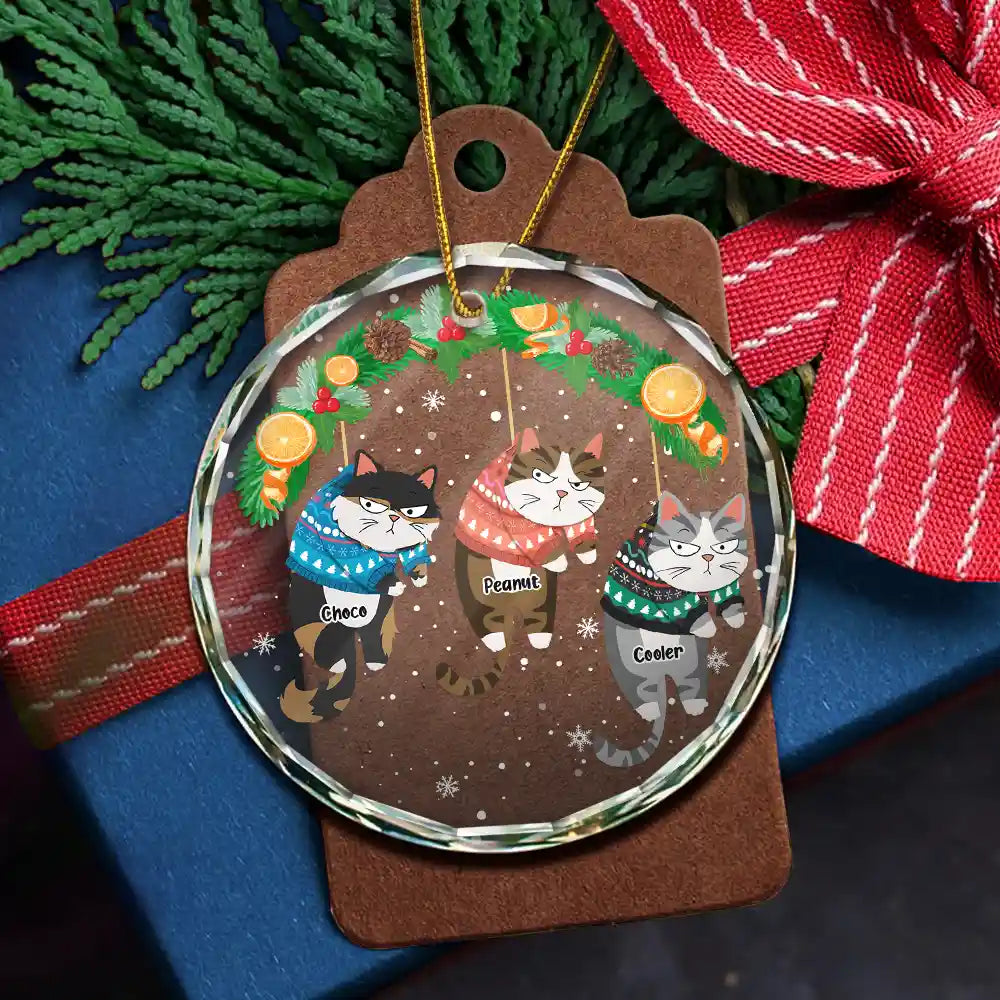 Christmas Funny Hanging Cats - Personalized Circle Glass Ornament