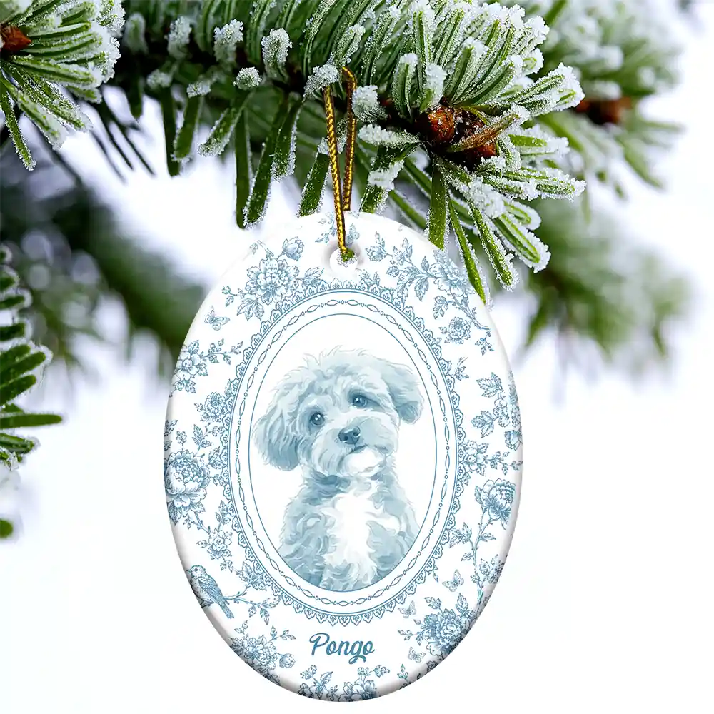 Art Design,Christmas,Cozy,Pet Lovers,Photo - Porcelain Art Style- Custom Photo Single-Color Watercolor Loving Dog Cat Pet Family Portrait - Personalized Oval Ceramic Ornament