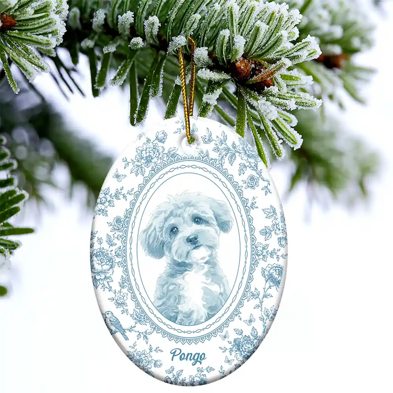 Art Design,Christmas,Cozy,Pet Lovers,Photo - Porcelain Art Style- Custom Photo Single-Color Watercolor Loving Dog Cat Pet Family Portrait - Personalized Oval Ceramic Ornament