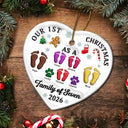 First Christmas As A Family Of Three Footprints 3D Effect - Personalized Heart Ceramic Ornament