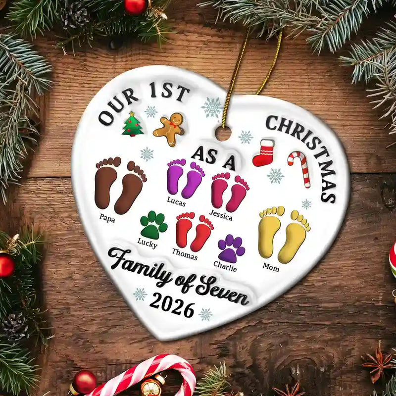 First Christmas As A Family Of Three Footprints 3D Effect - Personalized Heart Ceramic Ornament