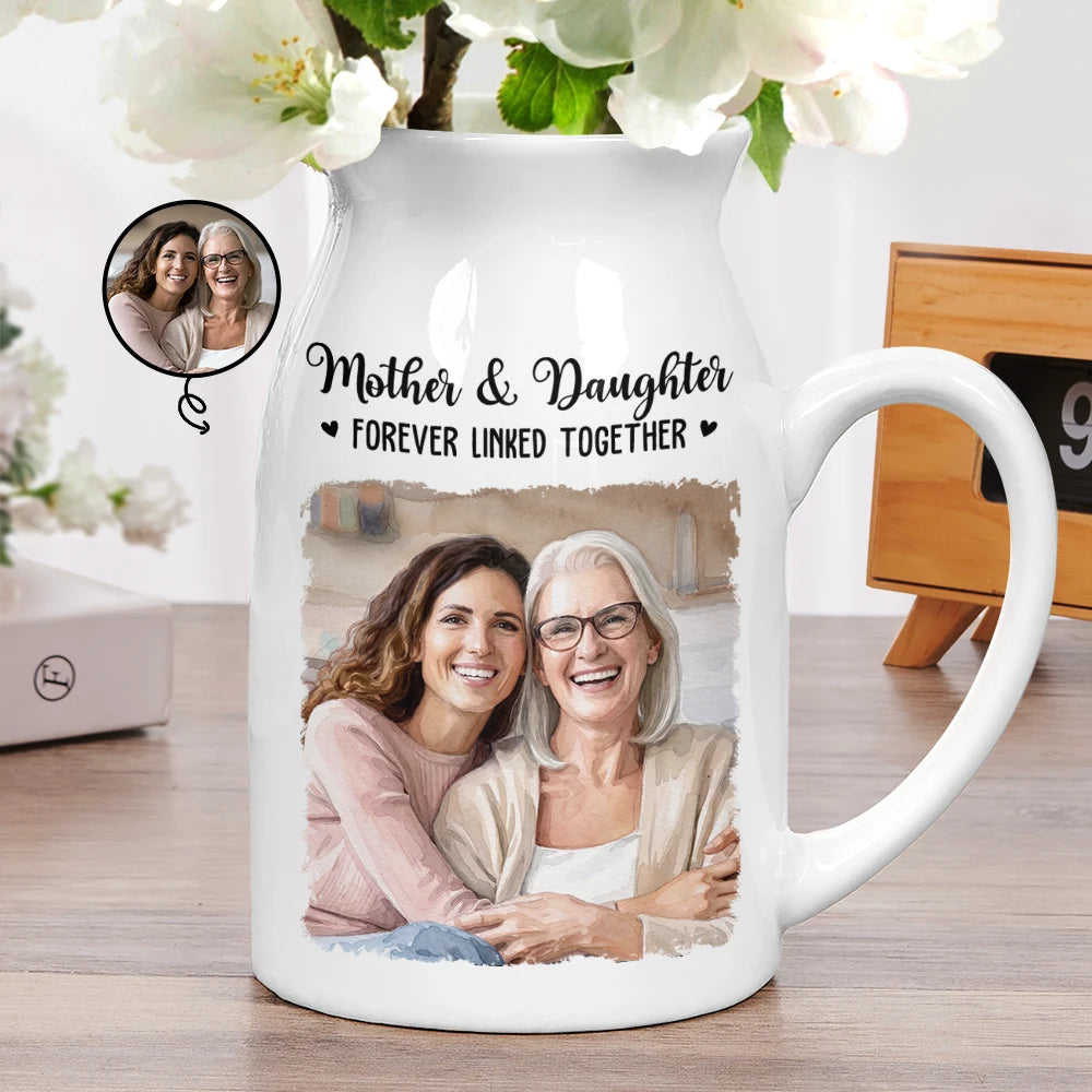 Custom Photo Watercolor Painting Mother And Daughter Forever Linked Together - Personalized Ceramic Flower Vase
