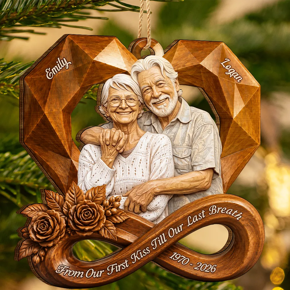 Anniversary,Art Design,Christmas,Custom Photo,Gift For Couples,Old Couples,Photo - Wooden Effect Ver 2,Romantic - Anniversary Gift For Couples - Personalized Custom Photo 2D Printed From Our First Kiss Wooden Ornament