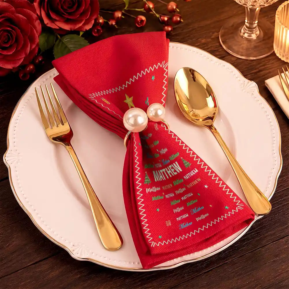 Christmas,Family,Custom Text,Happy - Family Name Tree Bell Star Shape Christmas Table Decor - Personalized Reusable Napkin