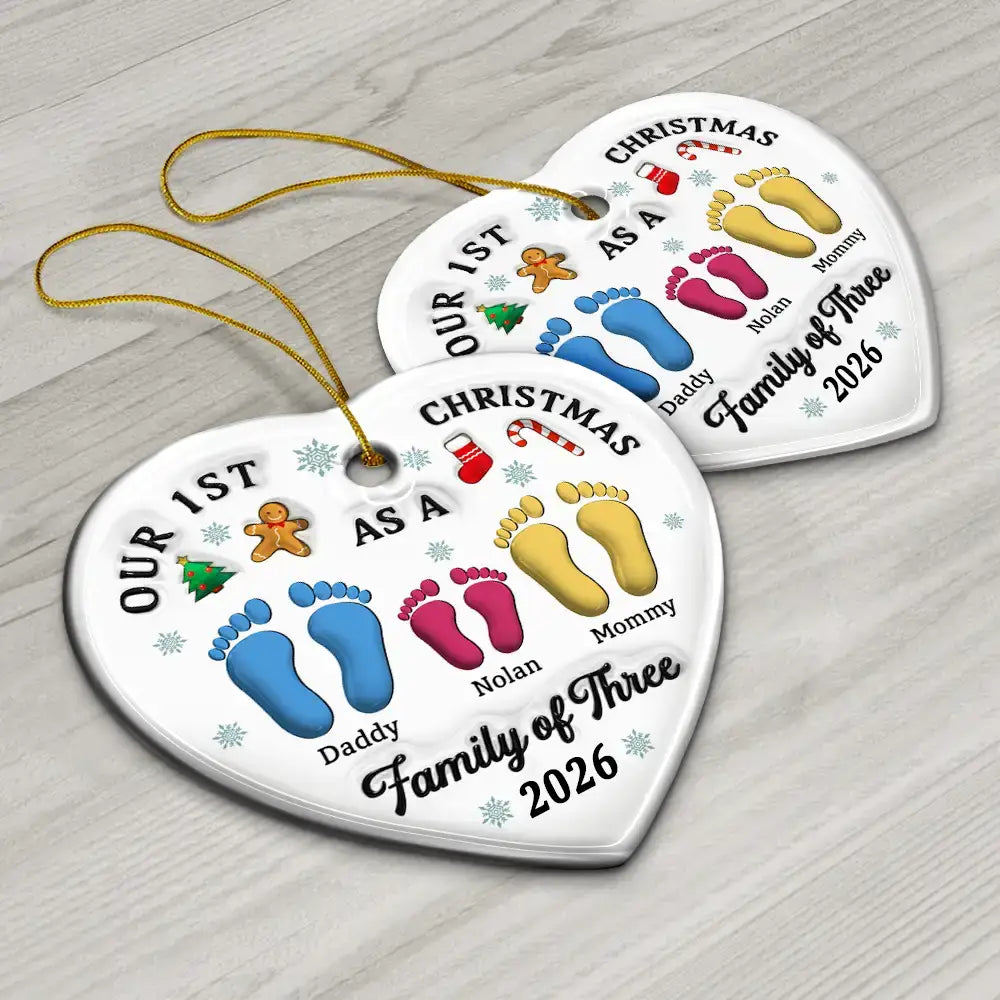 First Christmas As A Family Of Three Footprints 3D Effect - Personalized Heart Ceramic Ornament