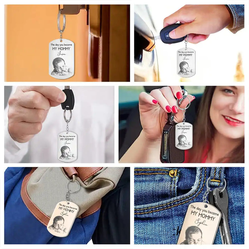 Custom Photo, New Mom, New baby, Happy - Custom Photo Pencil Sketch Calendar The Day You Became My Mom - Personalized Aluminum Keychain