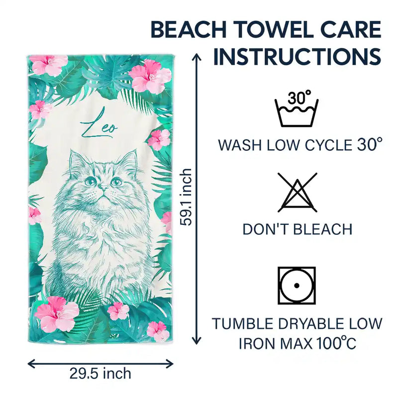 Pet Lovers,Pet Mom,Pet Dad,Dog Lovers,Dog Mom,Dog Dad,Cat Lovers,Cat Mom,Cat Dad,Beach,Summer,Non-Eng,Photo - Pencil Sketch,Playful - Custom Photo Pencil Sketch With Tropical Leaves For Pet Lovers - Personalized Beach Towel