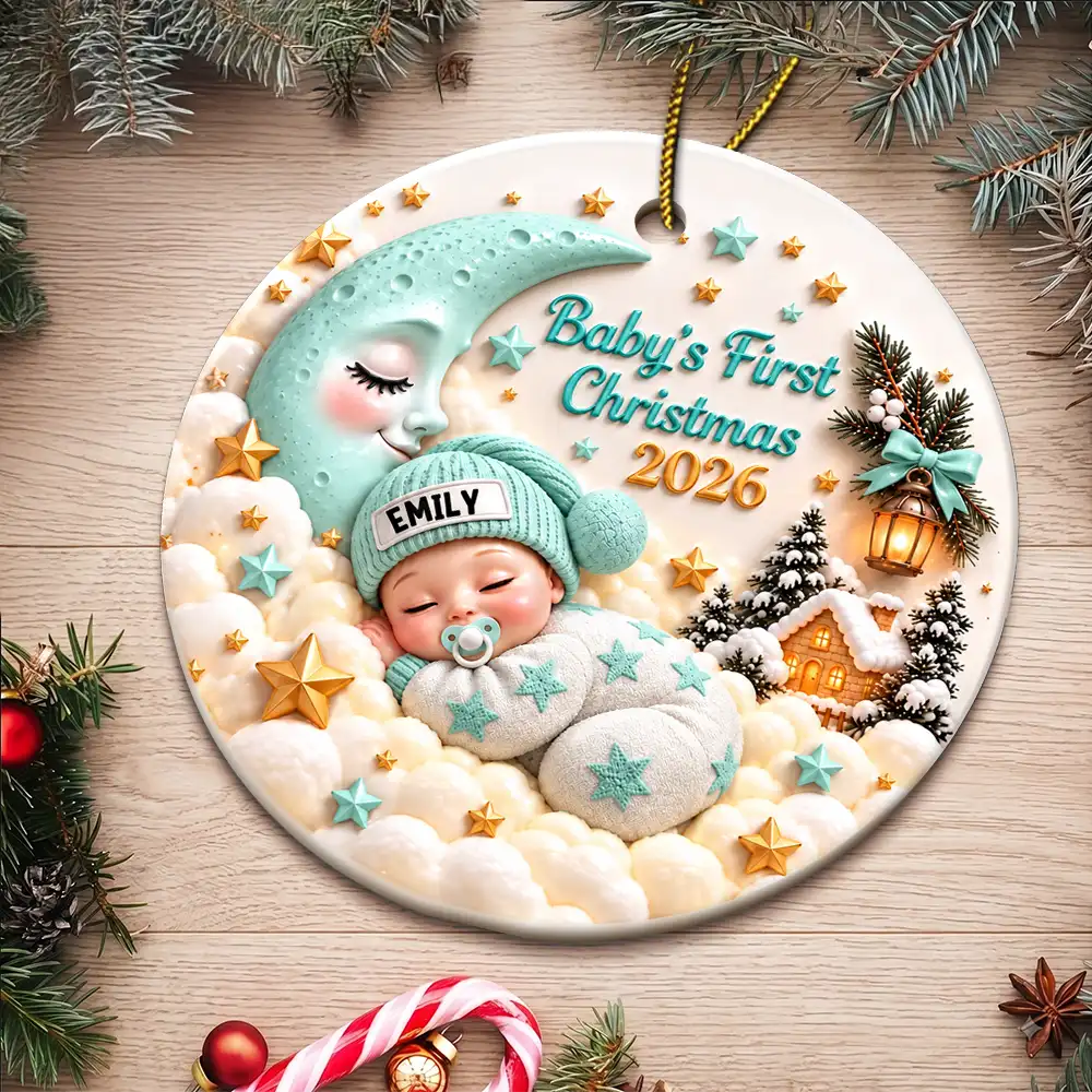 Christmas,Gift For Baby,New Baby,Sentimental,Vector - Baby's First Christmas - Personalized Sleeping Baby 3D Embossed Circle Ceramic Ornament