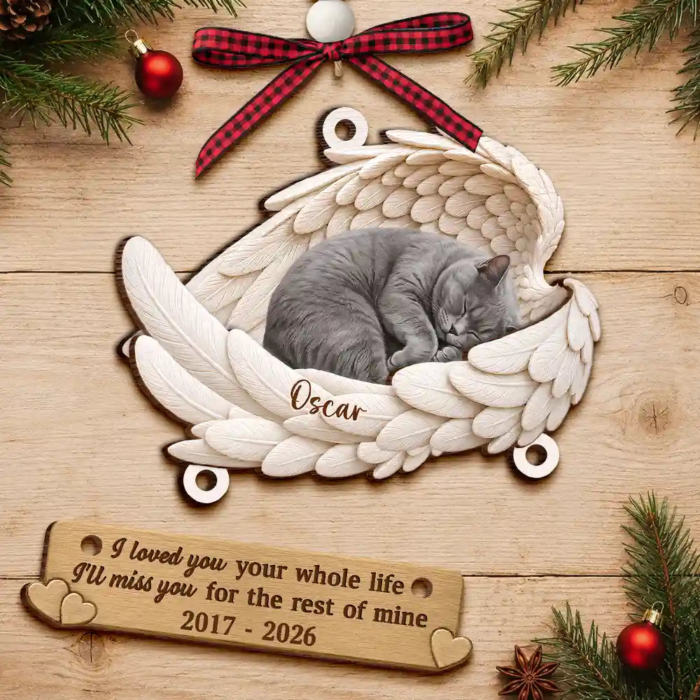 Art Design,Christmas,Pet Memorial,Cozy,Pet Lovers,Memorial,Photo - Sleeping Dog Cat Baby - Custom Photo Sleeping Angel Forever Loved Memorial Dog Cat - Personalized Wooden Ornament With Tag