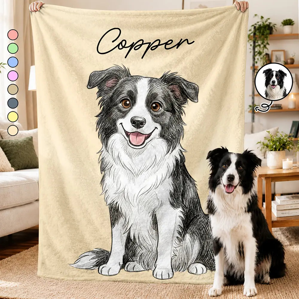 Custom Photo,Art Design,Pet Lovers,Top Market,Playful,Photo - Colored Pencil  - Custom Photo Colored Pencil Sketch Dog Cat Pet Portrait - Personalized Fleece Blanket, Sherpa Blanket