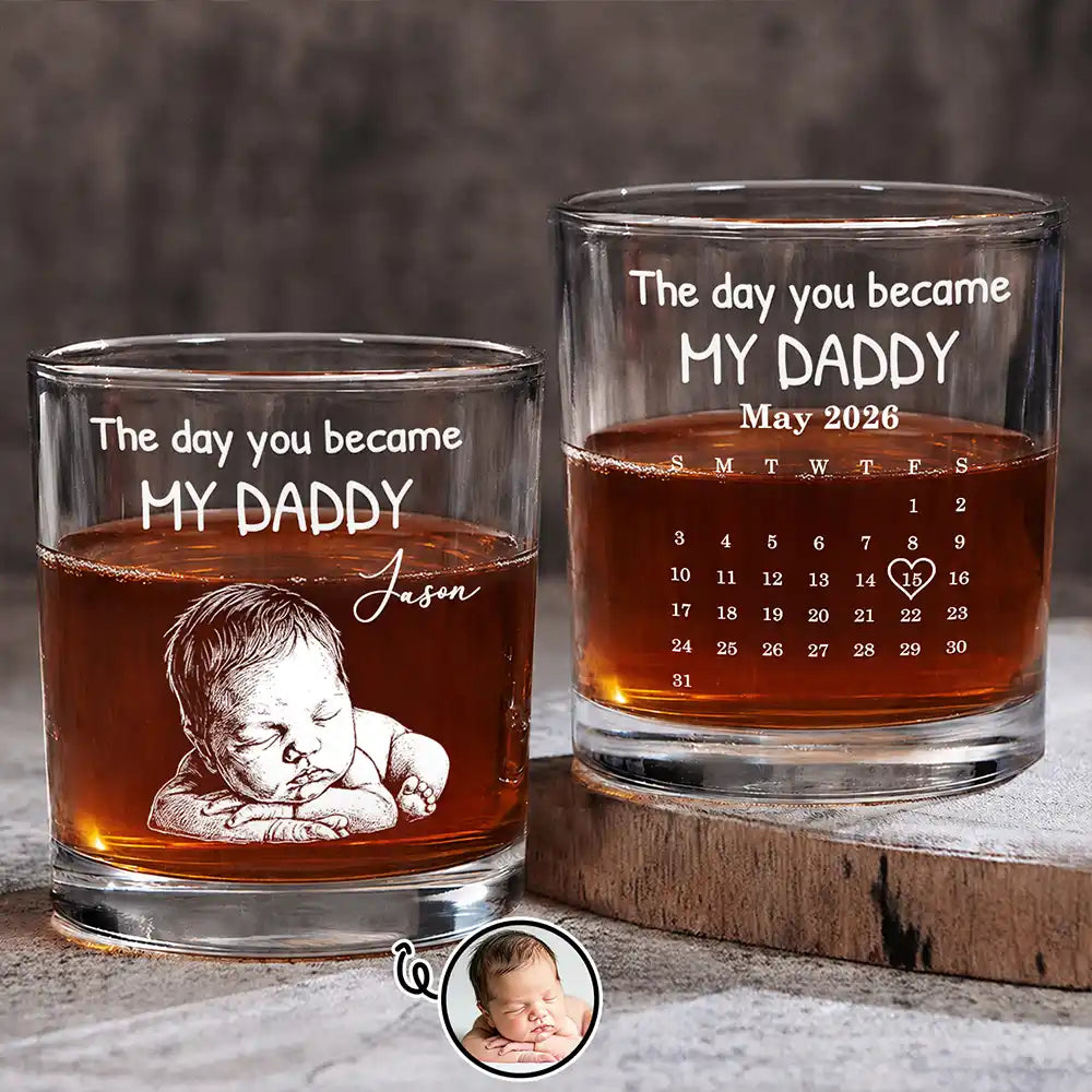 Custom Photo White Pencil Sketch Art Calendar The Day You Became My Mom Dad - Personalized Whiskey Glass