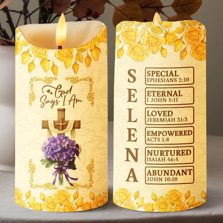God Says I Am 3D Effect Flower Border - Personalized Flameless LED Candle
