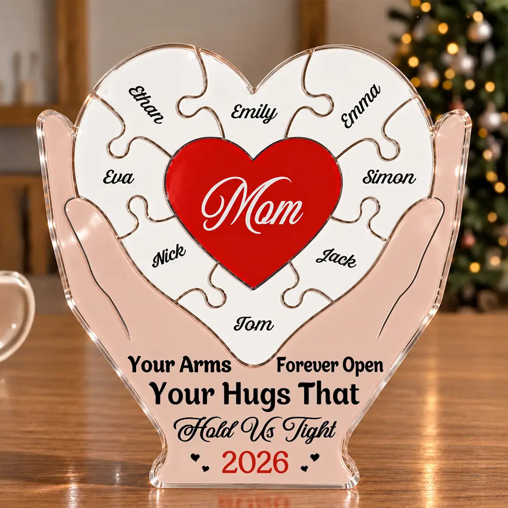 Birthday Christmas Gift For Mom, Bonus Mom - Personalized Hands Hold Heart Shaped Acrylic Puzzle