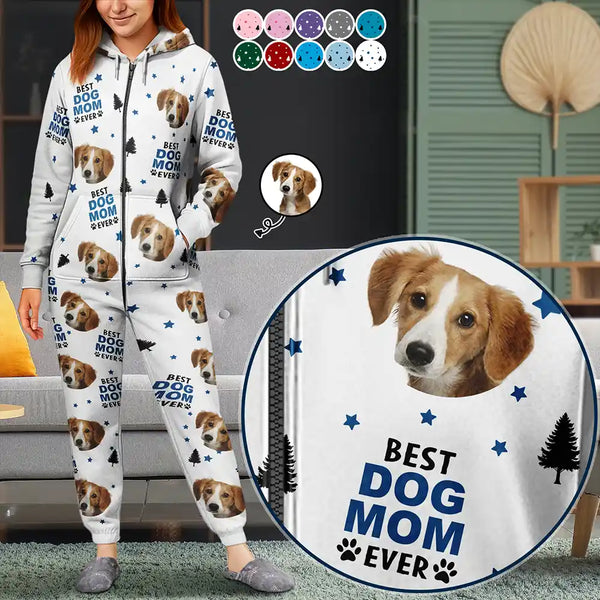 Pet Lovers, Custom Photo, Happy - Custom Photo Best Dog Cat Dad Mom Ever - Personalized Overall Onesie Hooded Jumpsuit
