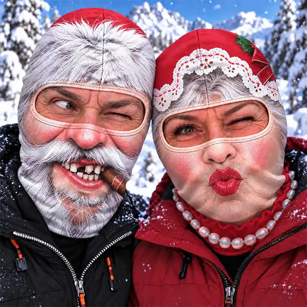 Christmas,Gift For Couples,Humorous,Icon,Old Couples,Skiing - Winter Skiing Gag Gift For Husband, Matching Gear For Couple - Personalized 3D Realistic Funny Santa And Mrs. Clause Balaclava Face Mask
