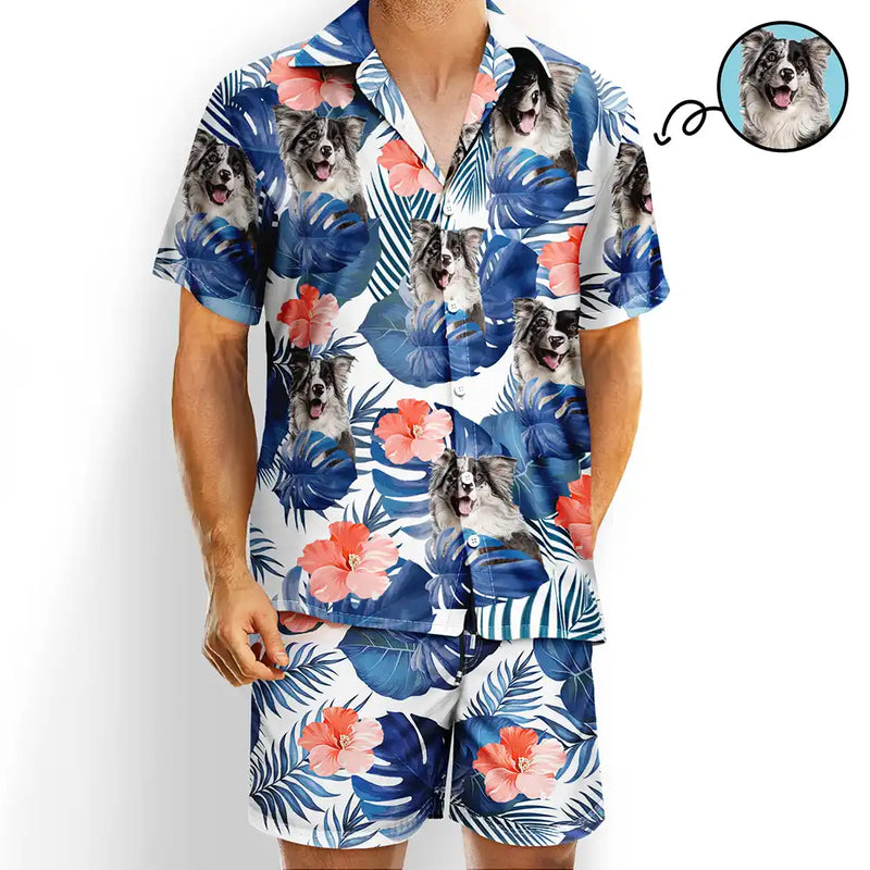 Gift For Husband,Gift For Boyfriend,Gift For Yourself,Parents,Gift For Men,Gift For Father,Gift For Grandpa,Pet Lovers,Pet Dad,Dog Lovers,Dog Dad,Cat Lovers,Cat Dad,Non-Eng,Photo,Playful - Custom Photo Tropical Leaves Pattern With Family Pet Face - Personalized Hawaii Set Shirt And Shorts