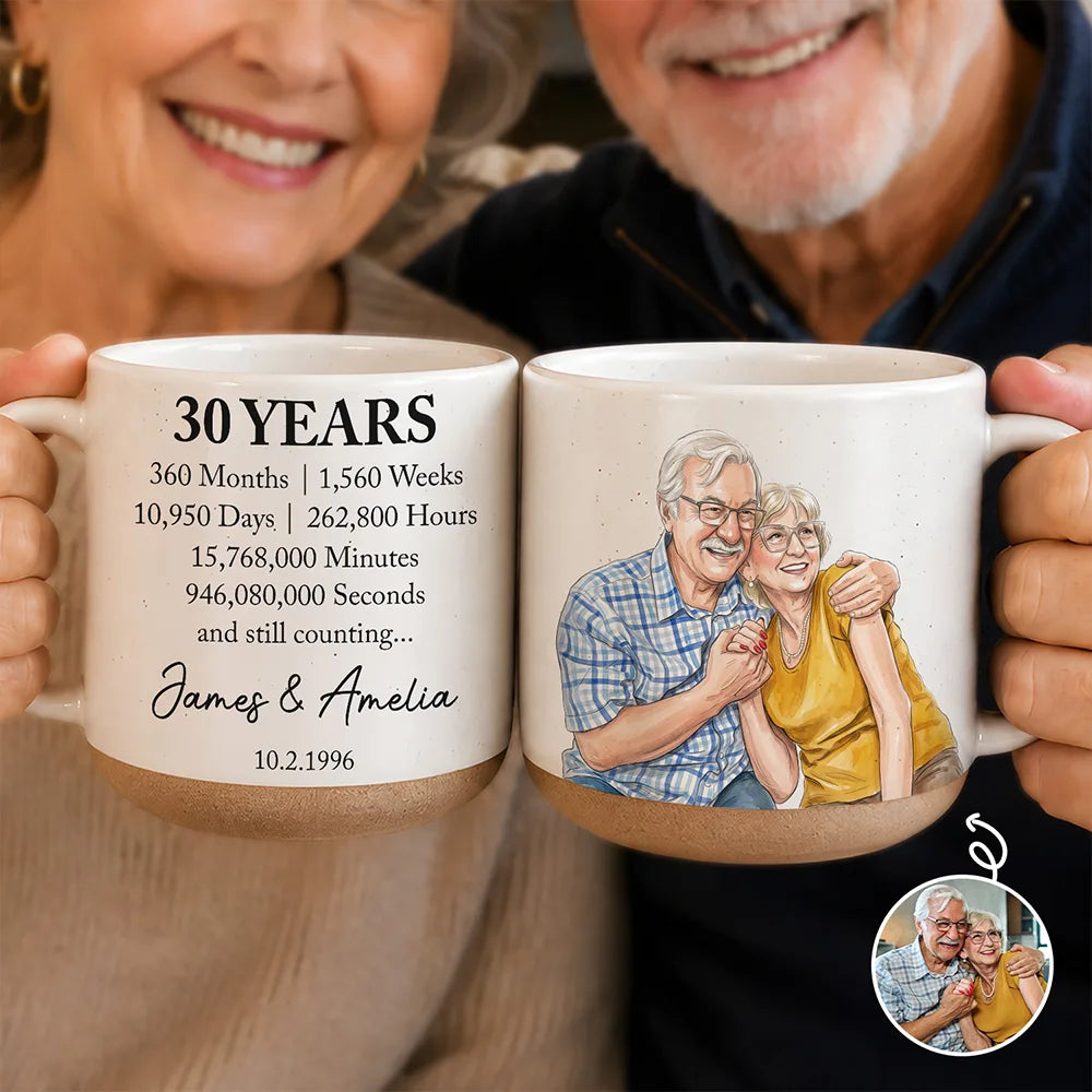Anniversary Gift For Couples - Personalized Custom Photo Watercolor Names Year Counting Time Together Pottery Mug