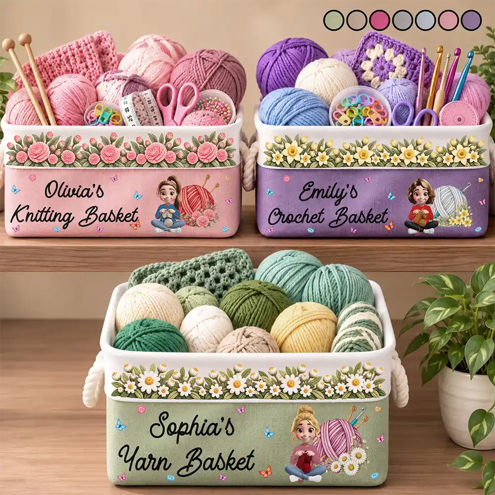 Gift For Knitter Crocheter Mom Grandma - Personalized Character & Name Yarn Ball With Birth Flower Storage Basket