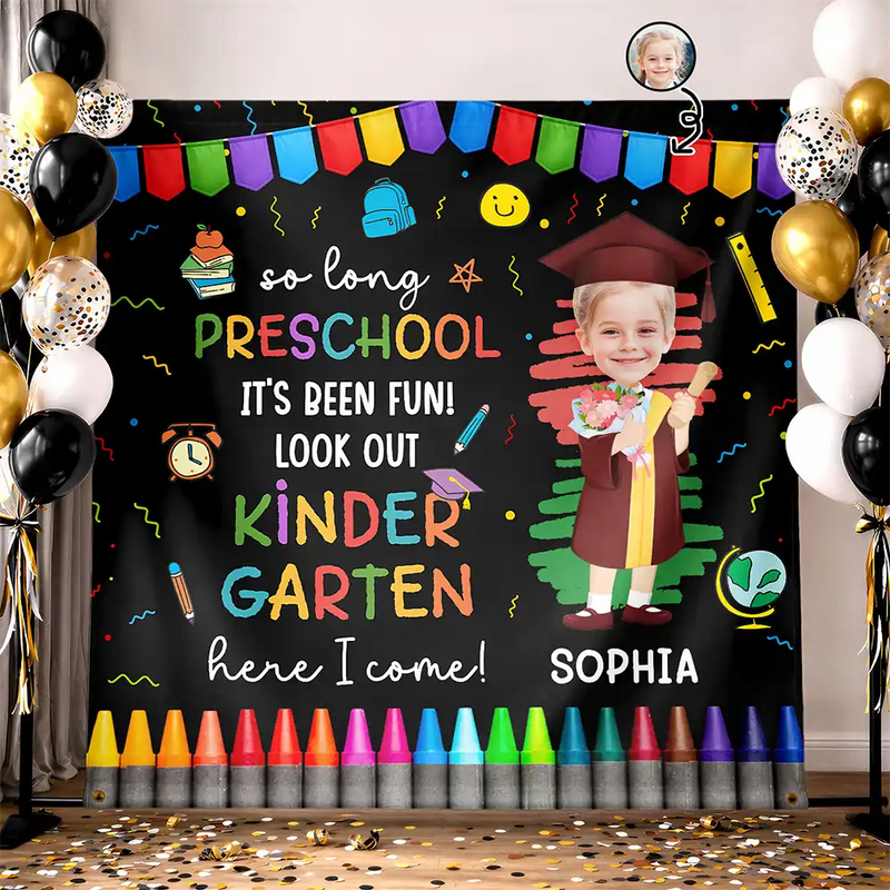 Happy,Gift For Kids,Graduation,Gift For Grandkids,Custom Photo,Funny,Photo,Proud - Custom Photo Here I Come Preschool Kindergarten Graduation - Personalized Backdrop