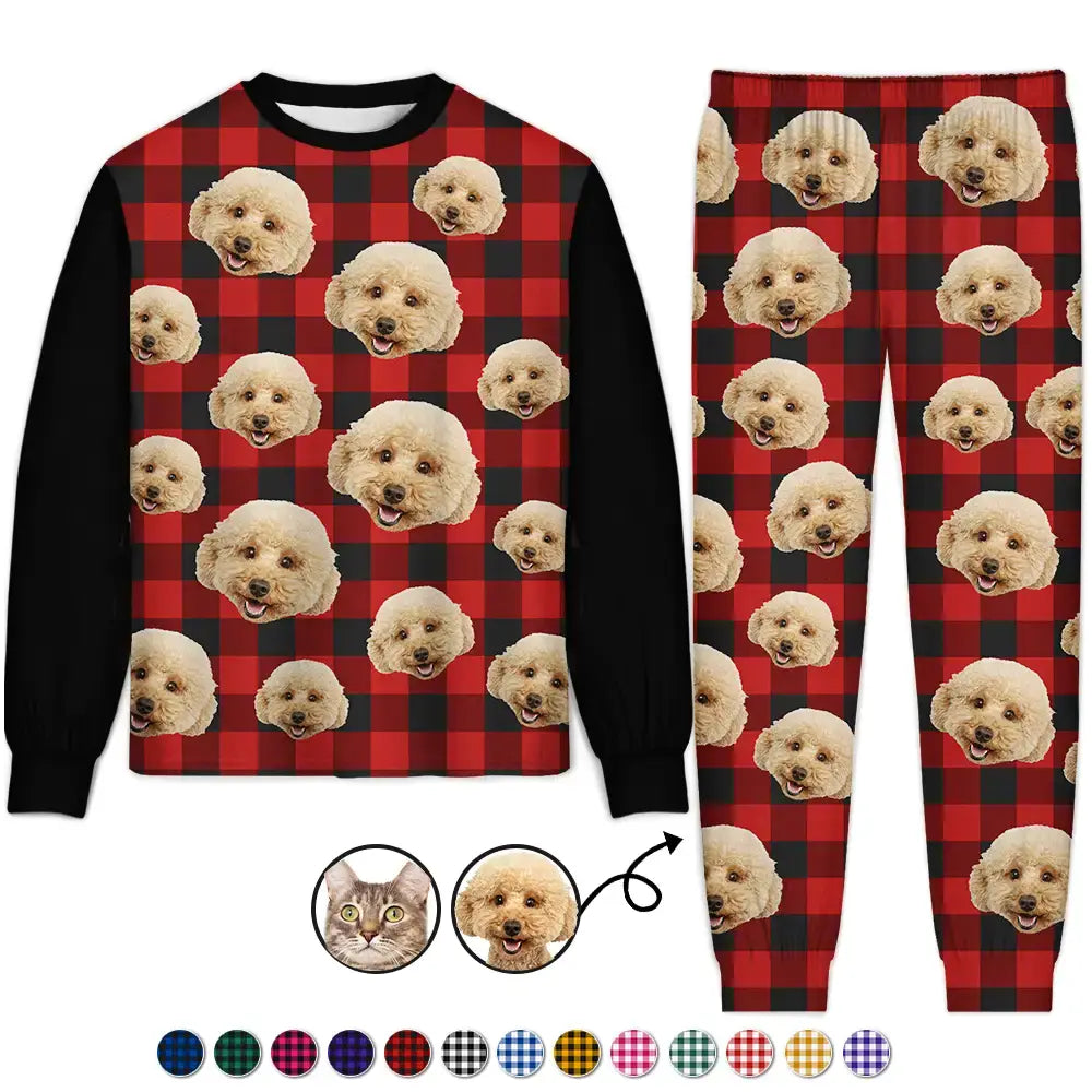 Custom Photo Funny Dog Cat Pet Human Face Plaid Pattern - Personalized Unisex Pajamas Set