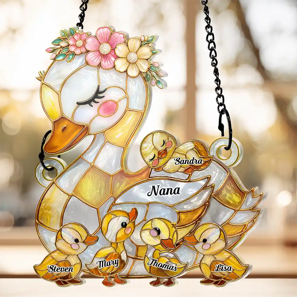 Duck Mother Ducklings Stained Glass Effect Mom Grandma - Personalized Window Hanging Suncatcher Ornament