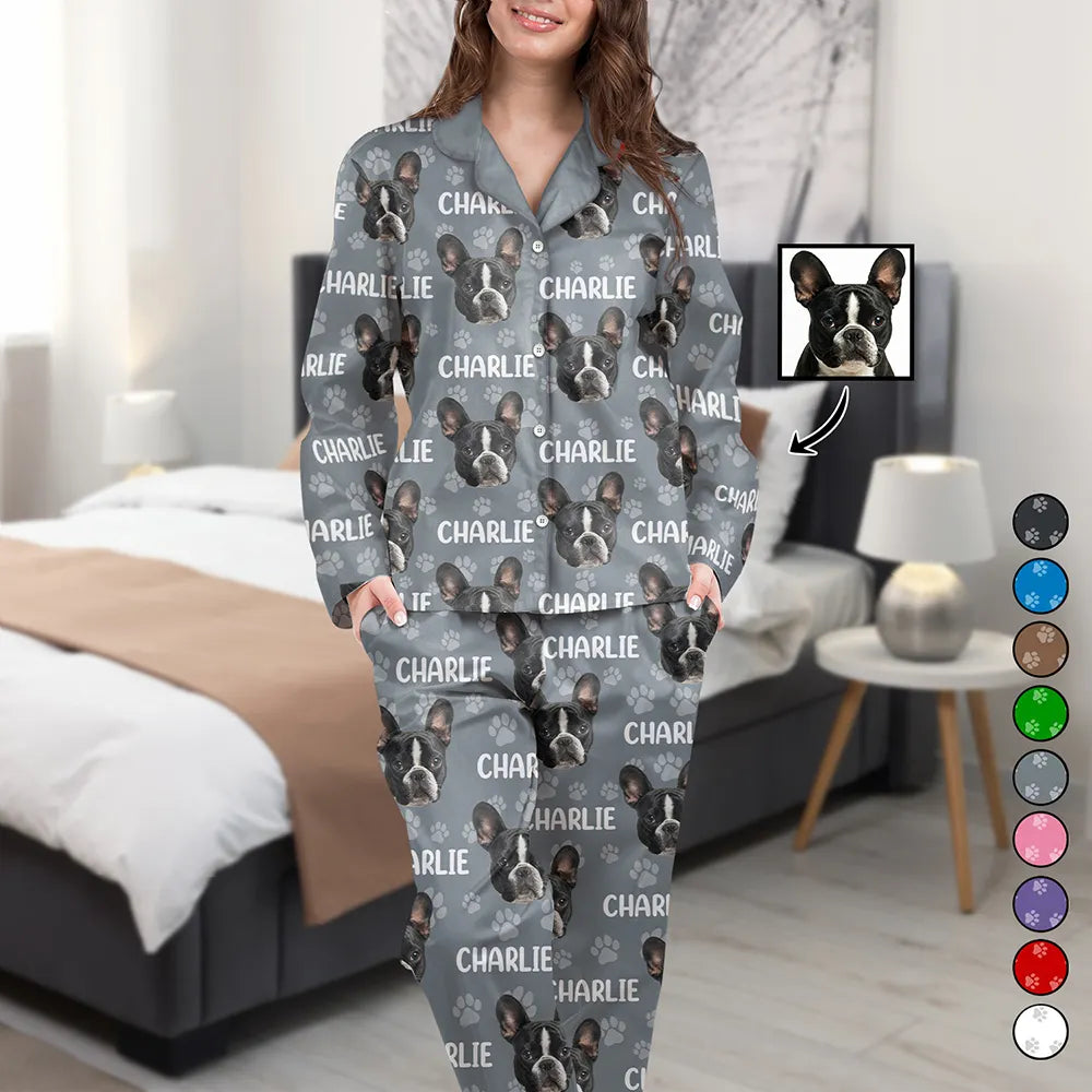 Dog Lovers, Pet Lovers, Cat Lovers, Pet Mom, Pet Dad, Dog Mom, Dog Dad - Custom Photo Funny Pet Face Pattern Dog Cat Family - Personalized Long Pajamas Set
