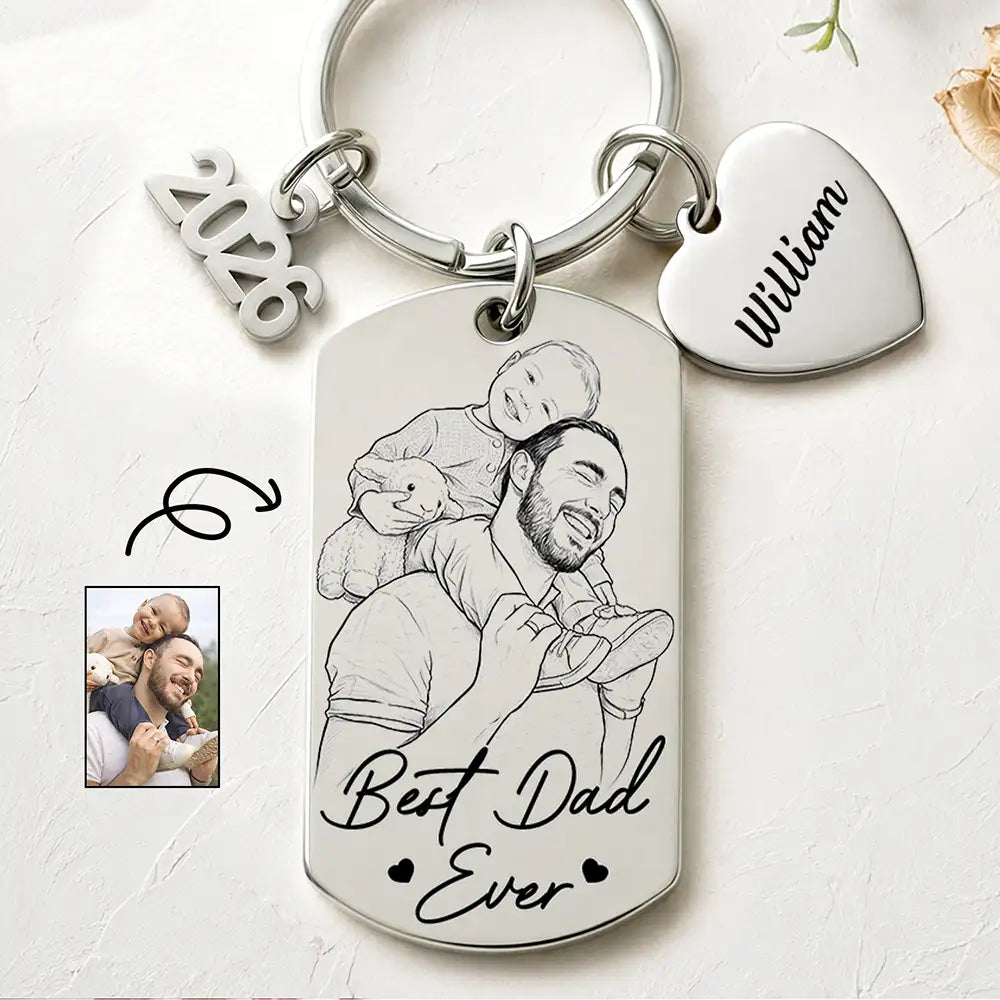 Custom Photo Bold Sketch Best Dad Grandpa Ever We Love You - Personalized Stainless Steel Keychain
