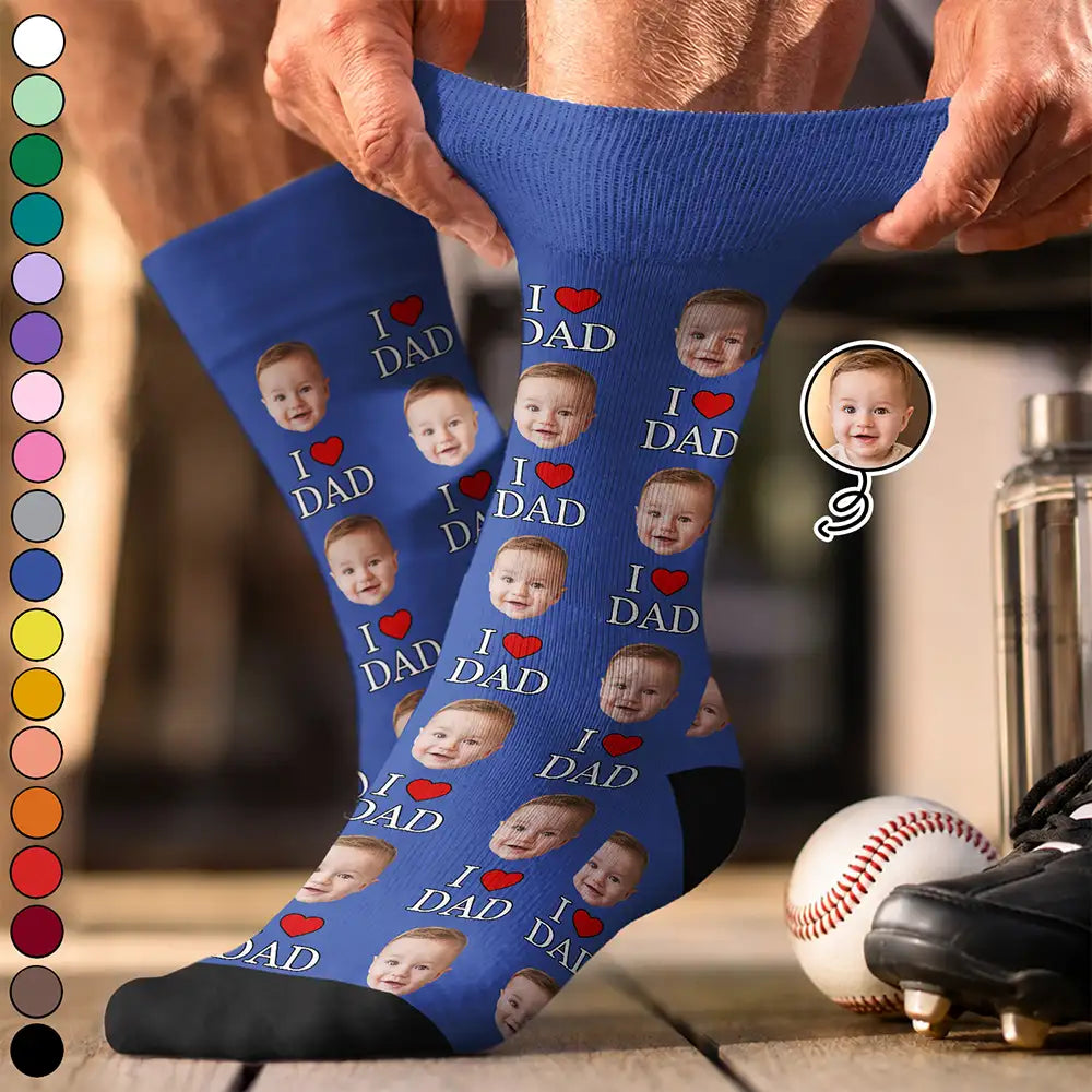 Gift For Father,Custom Photo,Adorable,Cut-Face Photo - Custom Photo I Love Dad Best Dad Ever - Personalized Crew Socks