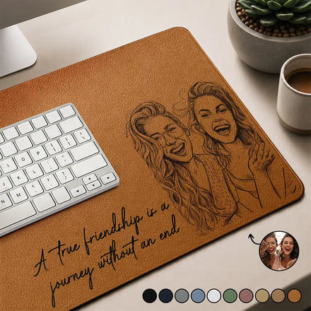 Custom Photo Pencil Sketch A True Friendship Is A Journey Without An End - Personalized PU Leather Desk Mat