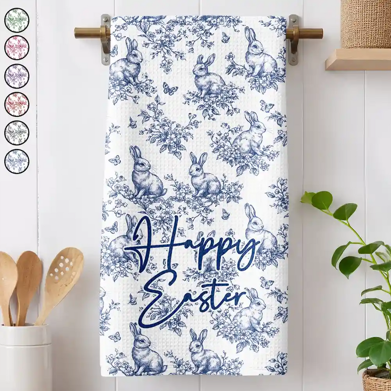 Easter,Gift For Wife,Parents,Gift For Grandma,Gift For Grandparents,Gift For Mother,Family - Happy Easter Toile Rabbit - Personalized Kitchen Towel