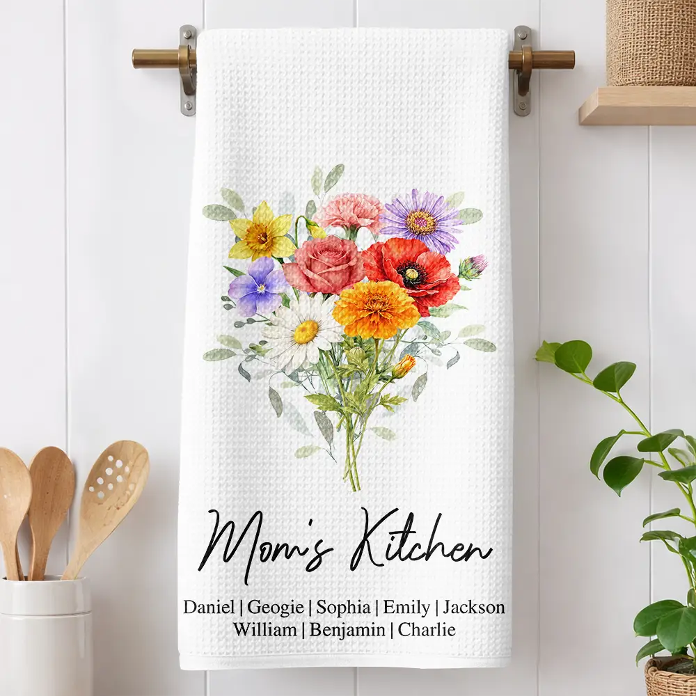 Mom Mum Grandma Kitchen Watercolor Birth Flower - Personalized Kitchen Towel