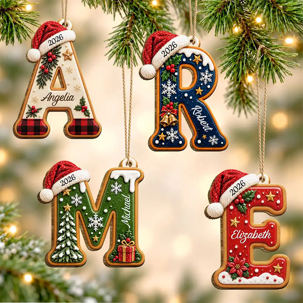 Custom Name Christmas Santa Hat Initial Letter Gift For Family - Personalized Custom Shaped Wooden Ornament