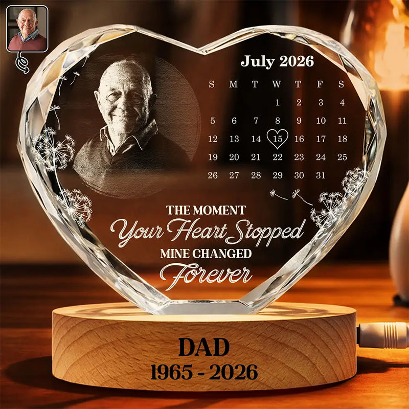 Top Market, Custom Photo, Sympathetic, Family, Memorial, Upload Full Photo, Calendar - Custom Photo Calendar The Moment Your Heart Stopped Memorial - Personalized Crystal Heart Shaped Lamp
