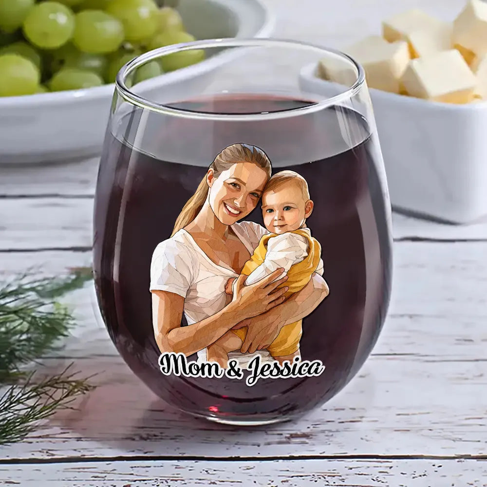 Gift For Wife,Gift For Mother,Gift For Grandma,Gift For Grandparents,Family,Love - Custom Photo Stained Glass Portrait Mom Grandma Parents Family - Personalized Stemless Wine Glass