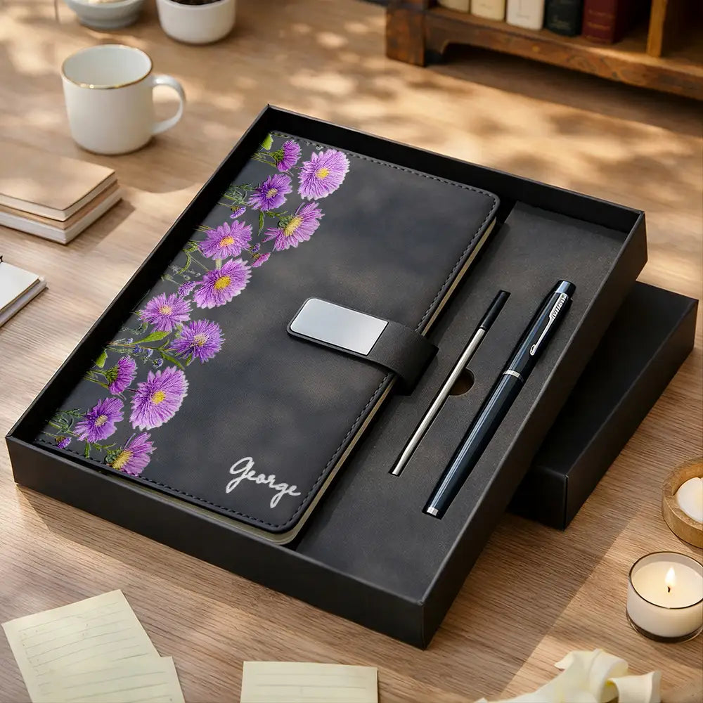 Custom Name Faux Pressed Birth Flower - Personalized Leather Notebook Set