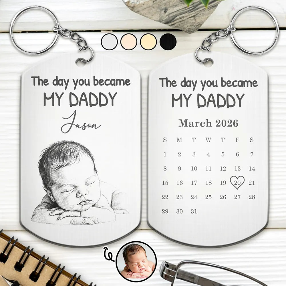 Father's Day Gifts, Custom Photo Pencil Sketch Calendar The Day You Became My Mom Dad - Personalized Aluminum Keychain