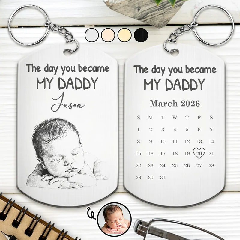 Father's Day Gifts, Custom Photo Pencil Sketch Calendar The Day You Became My Mom Dad - Personalized Aluminum Keychain
