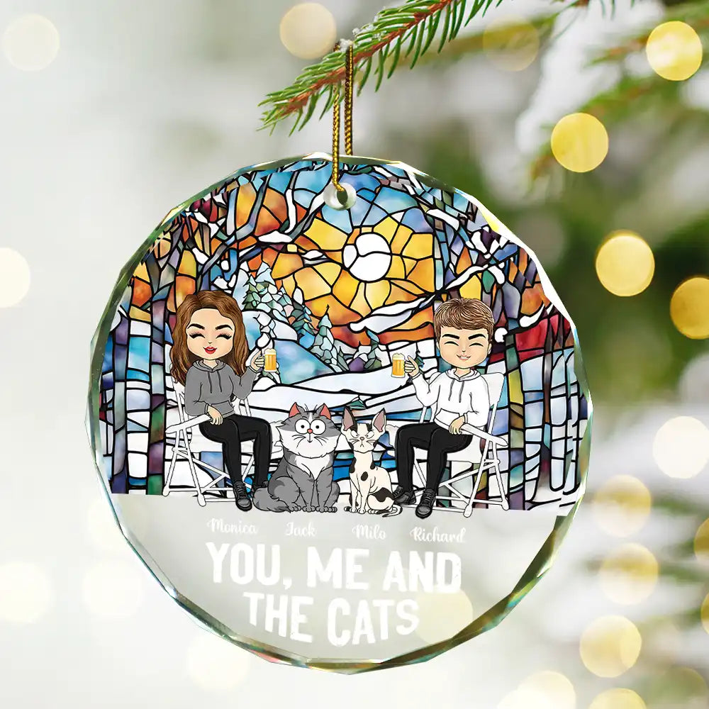 You, Me And The Cat - Personalized Circle Glass Ornament